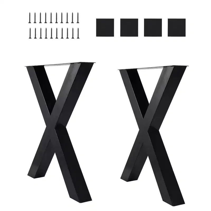 Set of 2 Steel Table Legs, X-Shaped Heavy Duty Dining Table Legs, Industrial-Style Furniture Support, Four Protective Floor Pads for Work Tables