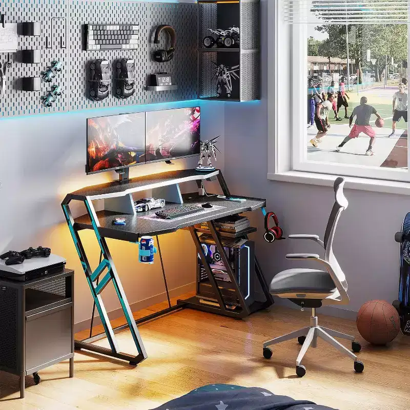 '-48 Inch Gaming Desk with Power Outlet LED Lights Carbon Fiber Texture PC Storage Shelf