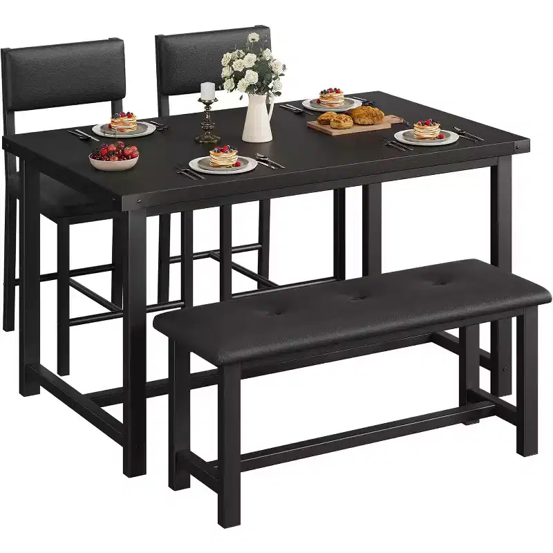 CuisinSmart Dining Table Set for 4, Kitchen Table and 2 Upholstered Chairs with Bench, Wooden Rectangular Dining Room Set