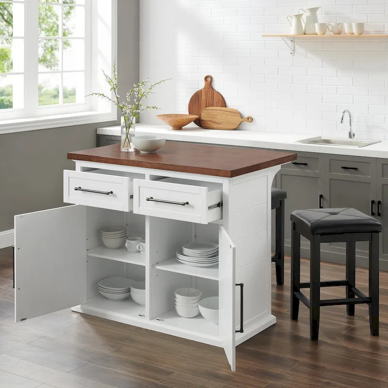 Crosley Bartlett Wood Top Kitchen Island W/Uph Square Stools - 50d x 42w x 36h