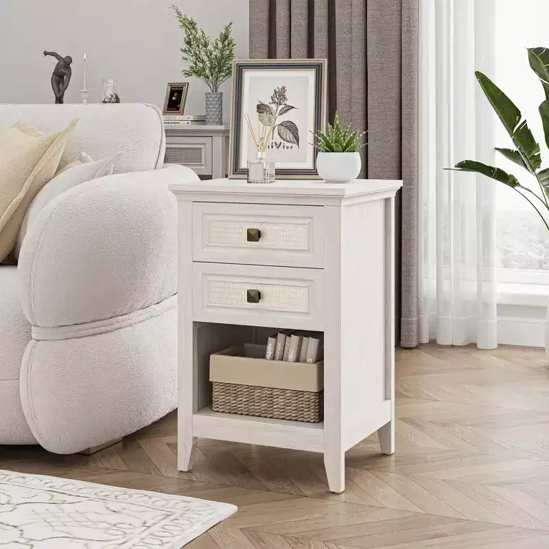 Boho Rattan Nightstand with 2 Drawers, 27 Tall Grayish White Bedside Table, Small Space Storage Side Table for Bedroom Living Room