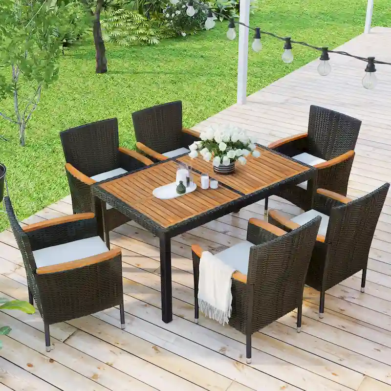 Patio Dining Set for 6 Outdoor Wicker Table & Chairs with Cushions