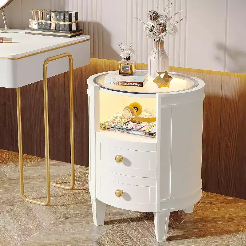 Lantine Oval Nightstand: No Assembly, 2-Drawer LED, Glass Tabletop, Modern White Round Side Table for Bedroom