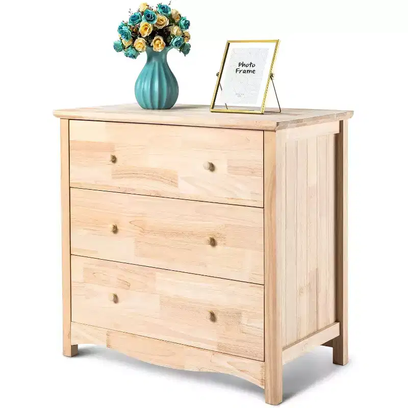 VINGLI Unfinished Natural Solid Wood 3 Drawer Dresser for Bedroom, Farmhouse Dressers & Chests Rubber Wood Dresser