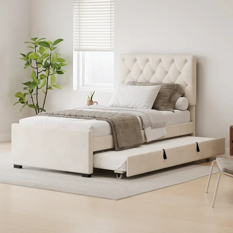 Twin Size Upholstered Platform Bed with Trundle and Adjustable Headboard Wingback Bed No Box Spring Needed Wood Slat Support Bed