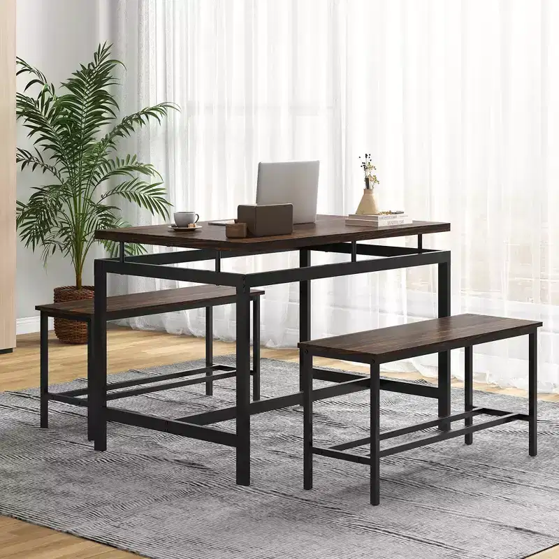 Costway 3 PCS Dining Table Set for 4 w/ 43 Wooden Kitchen Table 2 Benches Metal Frame