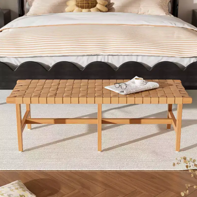 Christopher Knight Home Vladimir Contemporary Acacia Wood Bedroom Bench with Woven Faux Leather