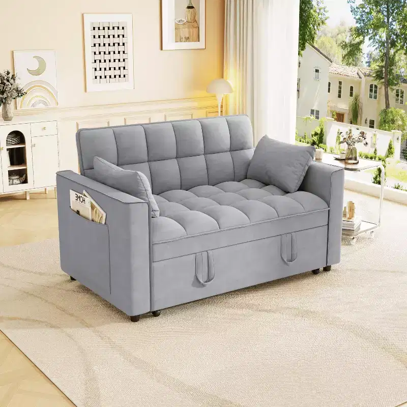 MAYEERTY Sleeper Sofa Couch Pull Out Bed Modern Velvet Convertible Small Love Seat with Pillows Sode Pockets for Small Space Light Gray