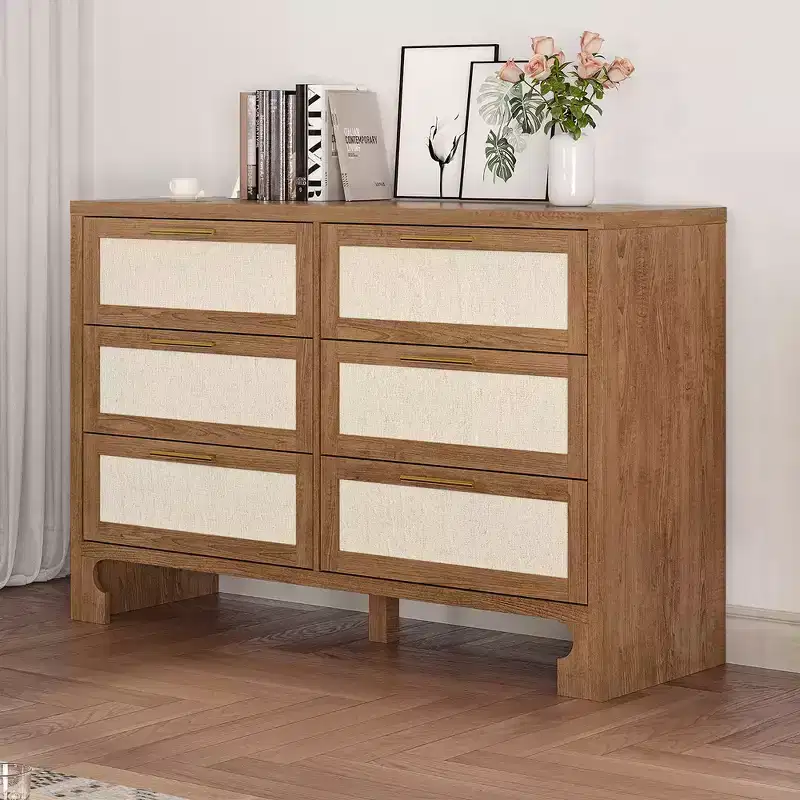 6 Drawer Burlap Design Dresser Chest - Rustic Oak