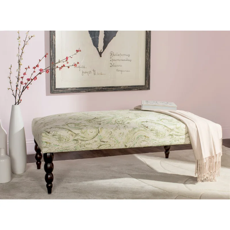 Green Paisley Printed Upholstered Accent Bench, Bohemian Style Living Room Seat 47x26x16