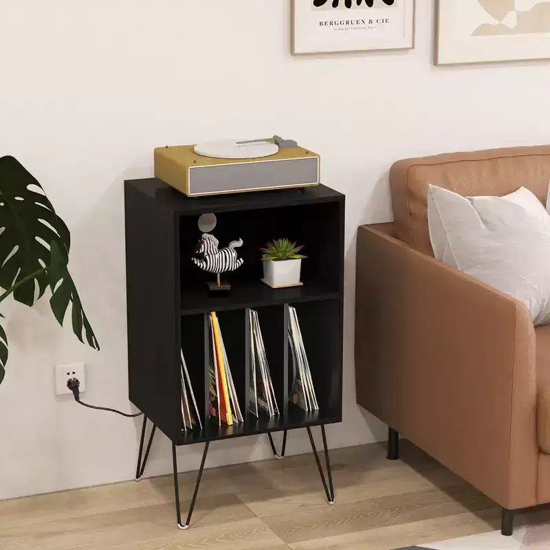 Costway 3-Tier Record Player Stand with Charging Station Shelf & 4 Dividers for Bedroom Walnut/Black/Brown