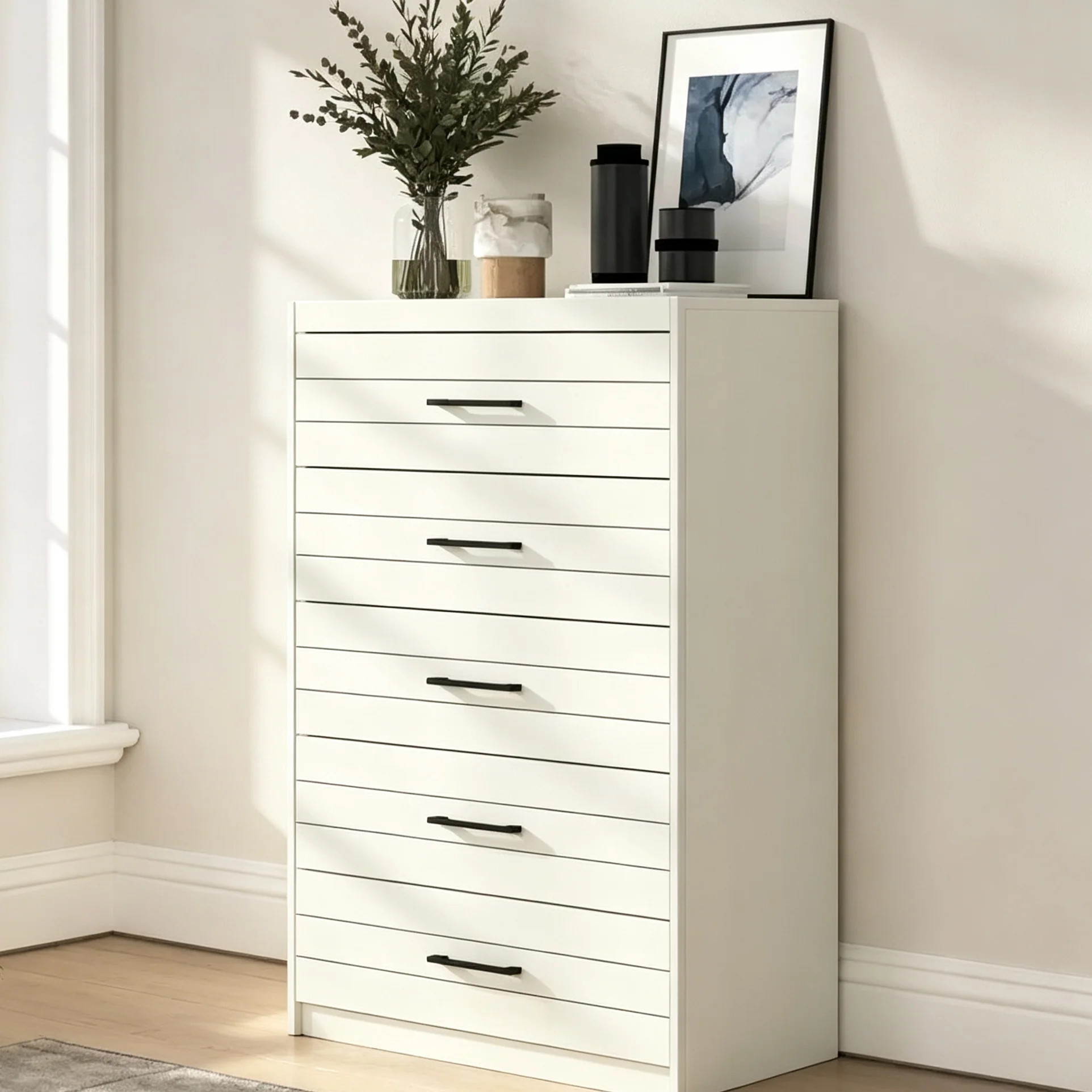 5-Drawer Dresser with Interlock Safety System in Pearl White Oak 30.7 W x 16.1 D x 45.8 H