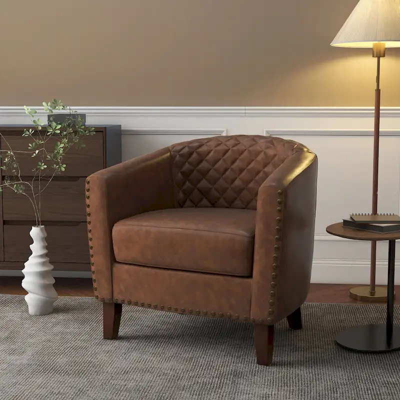 Modern Armchair Faux Leather Nailhead Trim Swivel Accent Chair