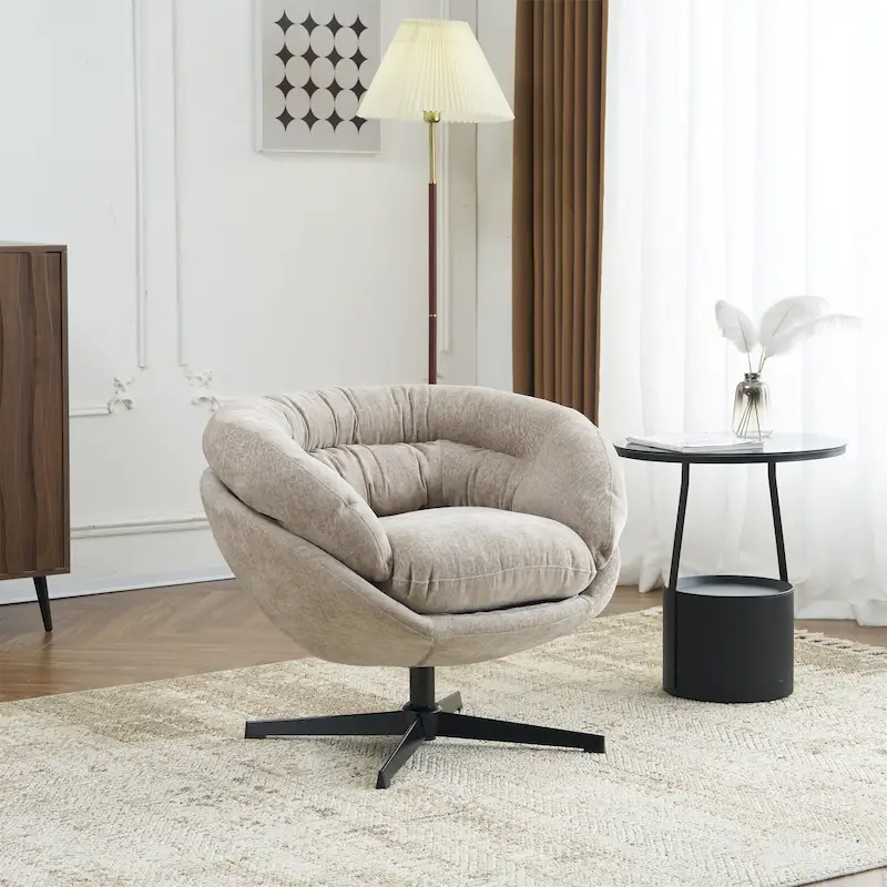 Chenille Upholstered 360 Swivel Club Chair/Accent Chair with Removable Cushion, Round Office Chair with Black Metal Base