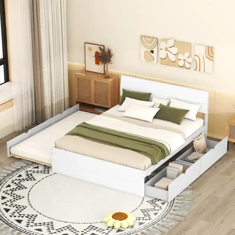 Modern Full Bed Frame With Twin Size Trundle And 2 Drawers