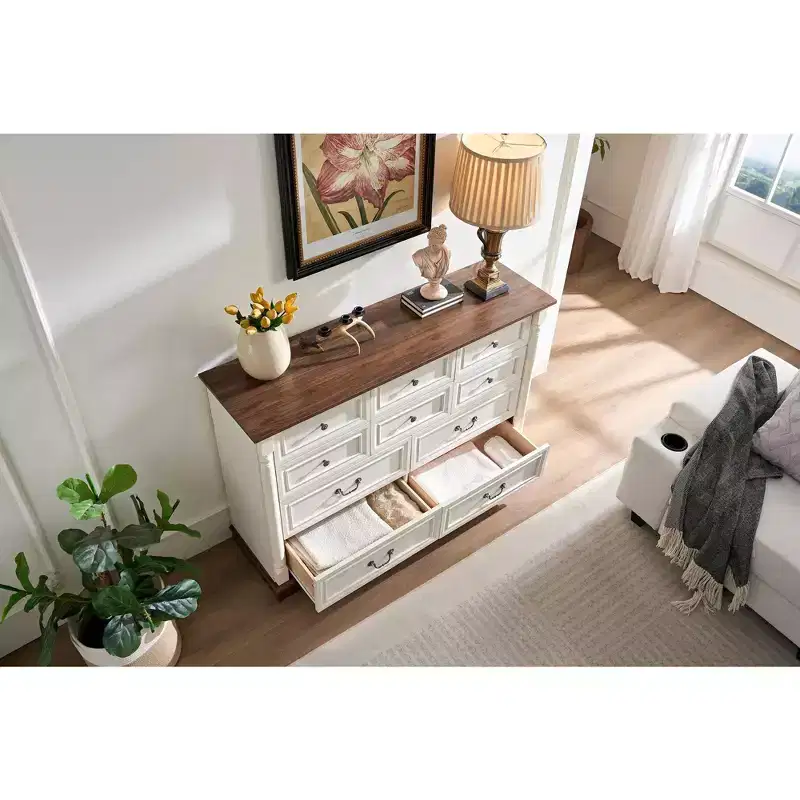 Okak Farmhouse Console Dressers with Drawers&Base,Chest of Drawers for Bedroom,Living Room,Rustic Wooden Dresser with Handle Ring
