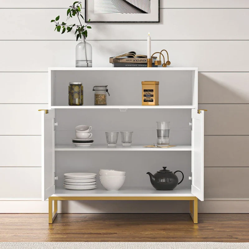 Modern 2-Door White Wood Rattan Buffet Sideboard with Adjustable Shelf