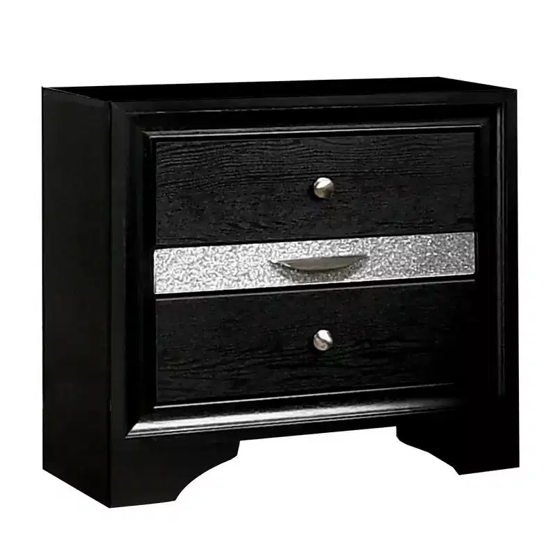 Royal Hampton Nightstand with Silver Trim Accent and 1 Jewelry Drawer, Black