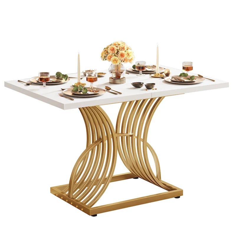 Rectangular Dining Table for 4, White and Gold