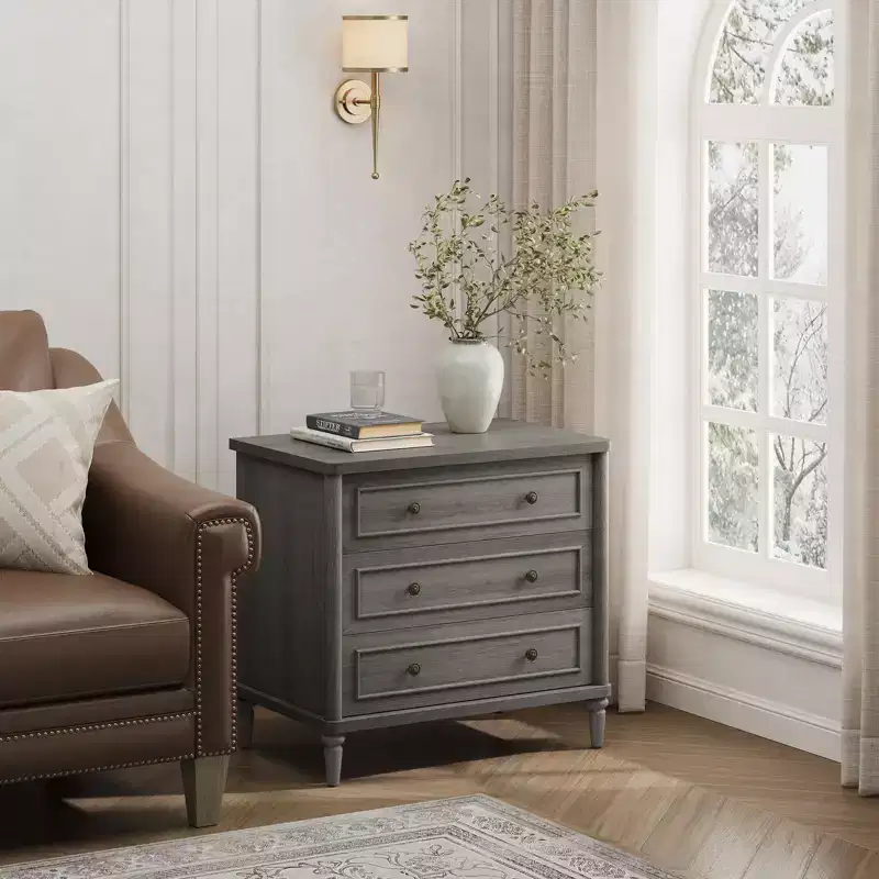 3 Drawer Farmhouse Nightstand Mid-Century Fluted Bedside Table with Power Outlet 18 Wide