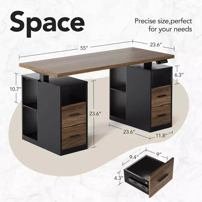 55 In Standing Desk with Drawers, Executive Electric Height Adjustable Stand Up Desk with Storage, Computer Workstation for Home Office, Black Walnut