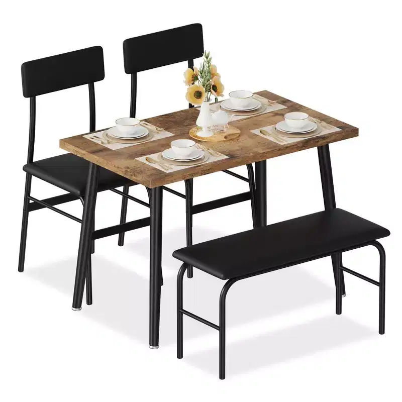 Dining Table Set for 4, Kitchen Table Set with Upholstered Bench 2 Chairs, Breakfast Table for Samll Space, Dining Room, Apartment, Restaurant, Brown