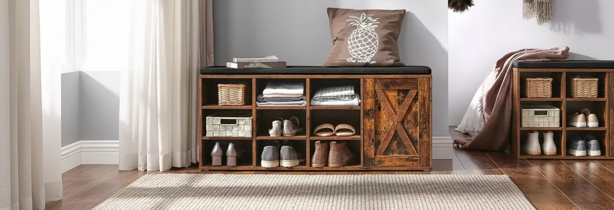 Storage Bench with Cupboard and 9 Open Compartments 11.8 x 43.3 x 18.9 Inches Rustic Brown