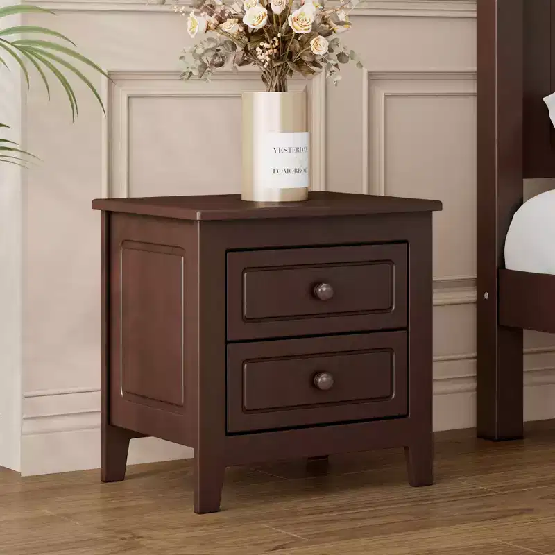 Mid-Century Modern Nightstand LED/Night Light 2-Drawer Solid Wood (WF308187AAD)