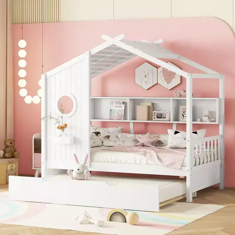 Whisen Wooden Twin Size House Bed & Modern Playhouse Design for Kids With Trundle, Storage Shelf