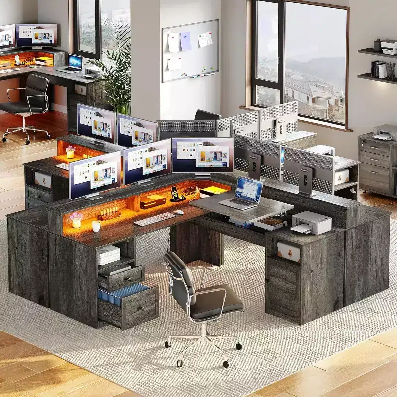 Balconera L Shaped Desk with Drawers 60inch Corner Computer Desk with Power Outlets & Lift Top with Storage Cabinet & LED Lights Grey