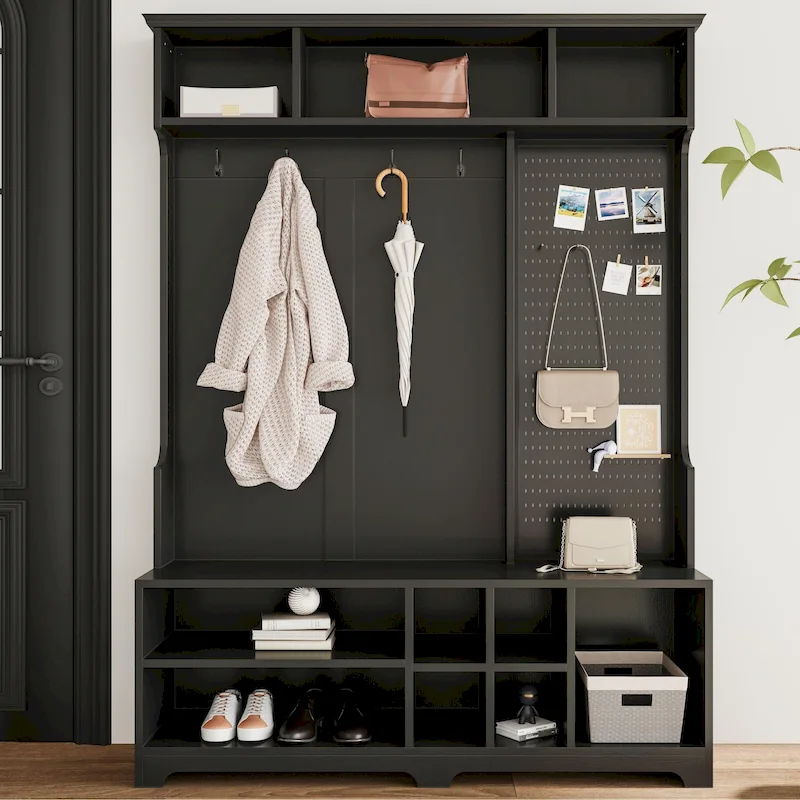 Multifunctional Hall Tree with Shoe Bench, Pegboard and Ample Storage
